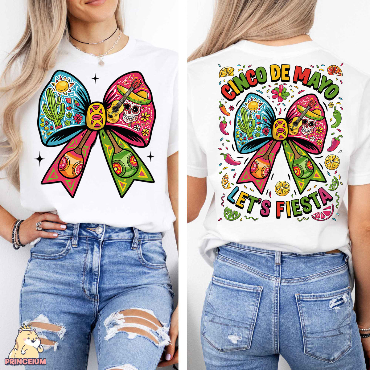 a woman wearing a white shirt with a colorful bow