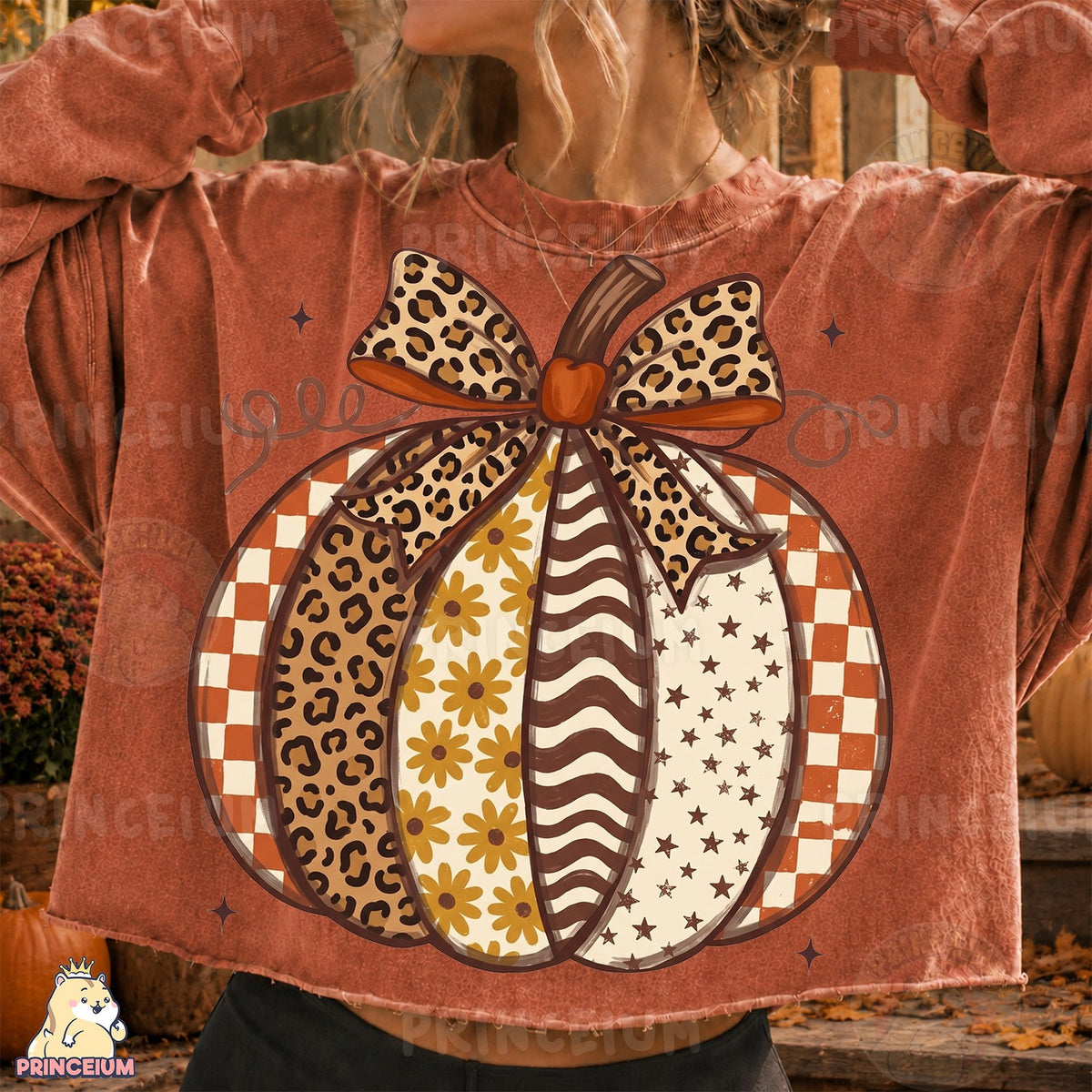 Patchwork Leopard Pumpkin with Bow
