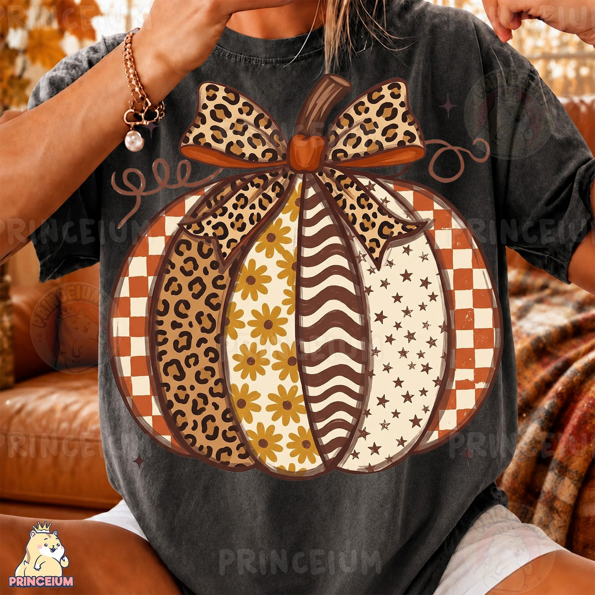 Patchwork Leopard Pumpkin with Bow