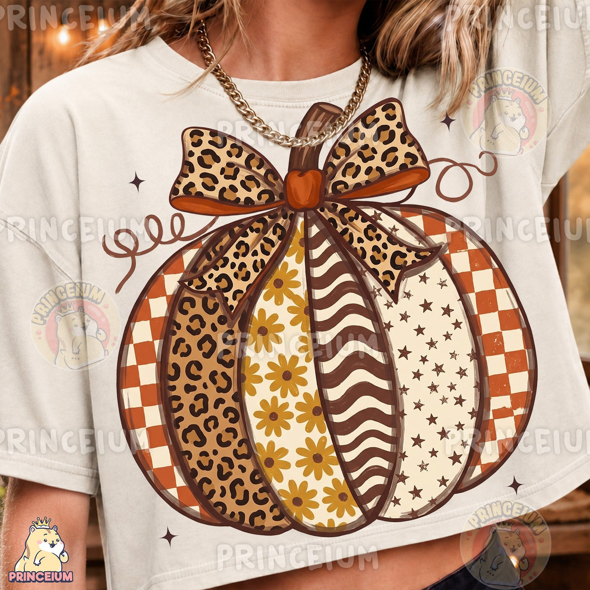 Patchwork Leopard Pumpkin with Bow