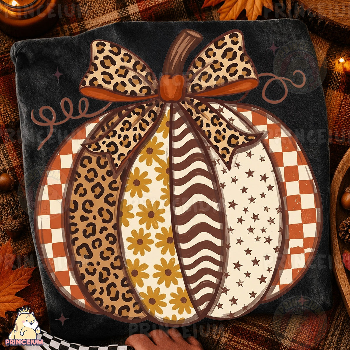 Patchwork Leopard Pumpkin with Bow