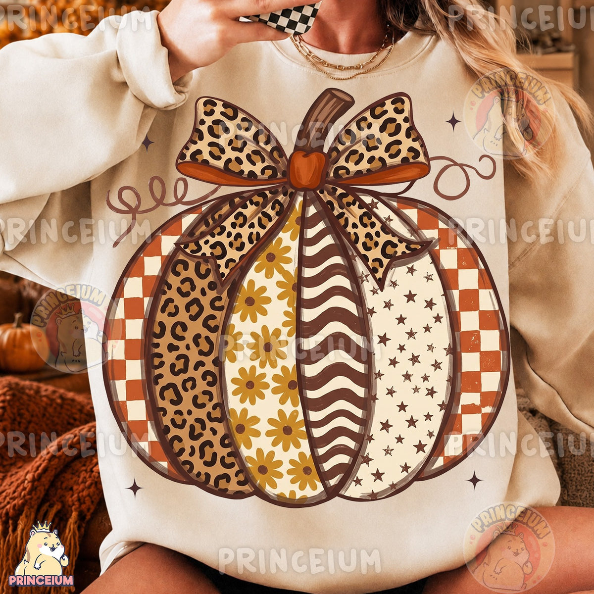 Patchwork Leopard Pumpkin with Bow