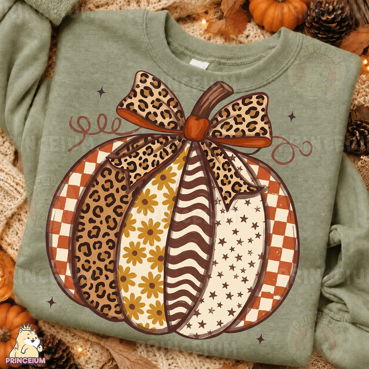 Patchwork Leopard Pumpkin with Bow
