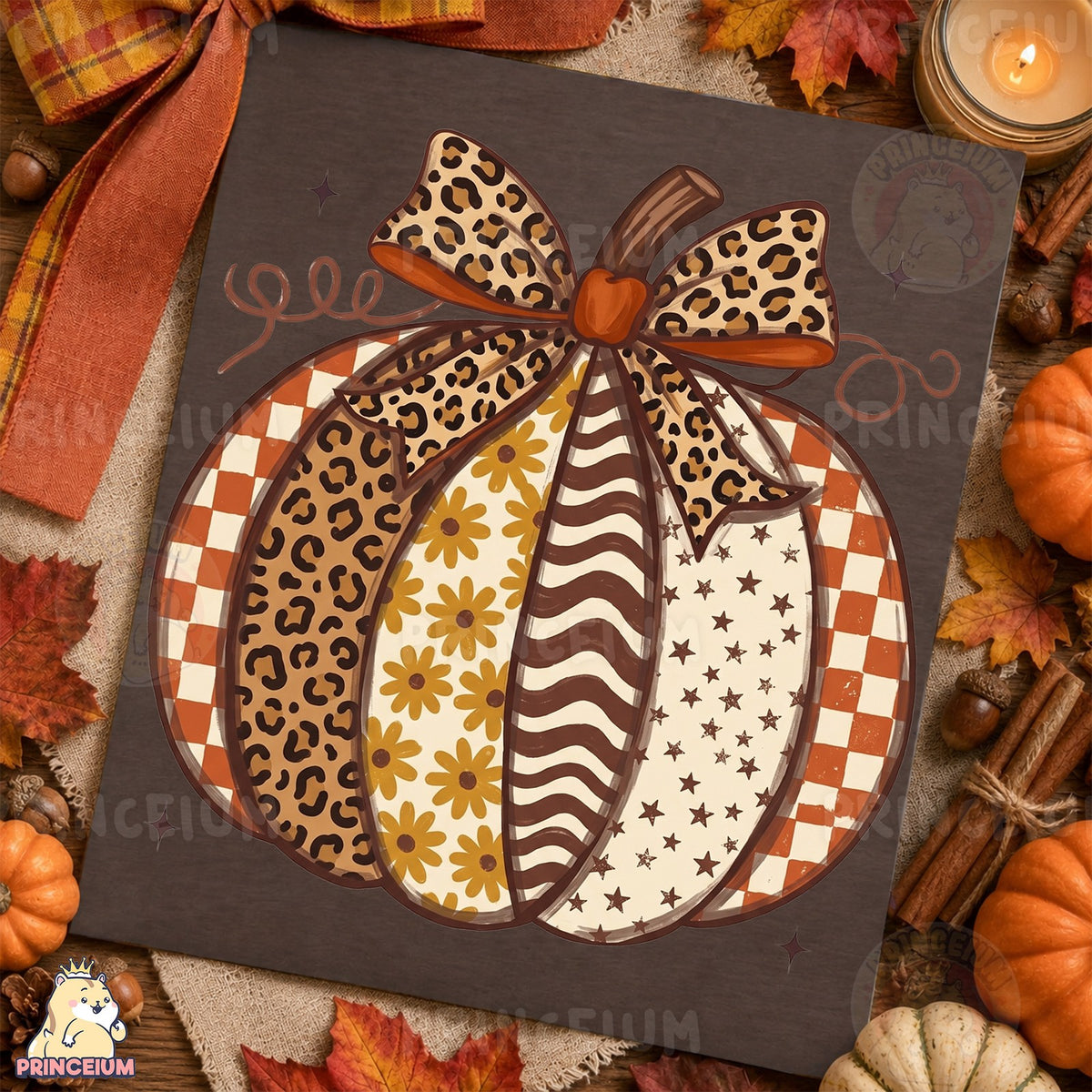 Patchwork Leopard Pumpkin with Bow