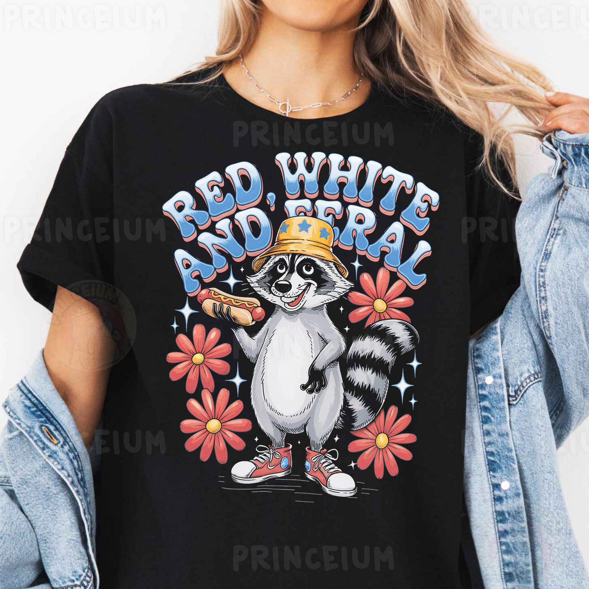 a woman wearing a red white and blue raccoon t - shirt