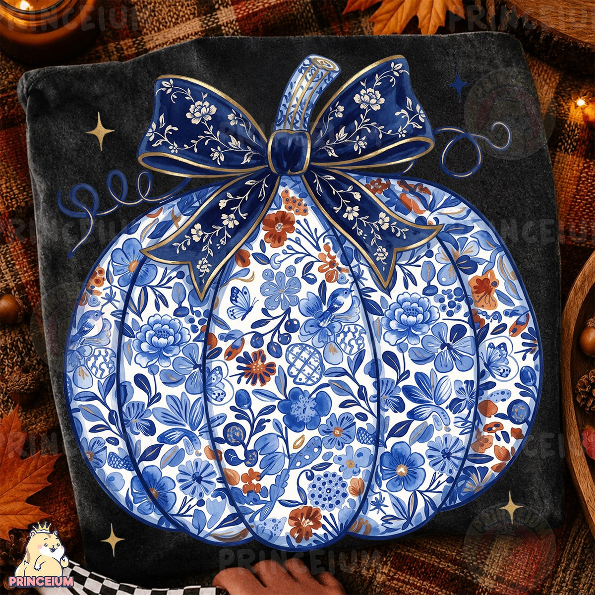 Blue Floral Pumpkin with Bow