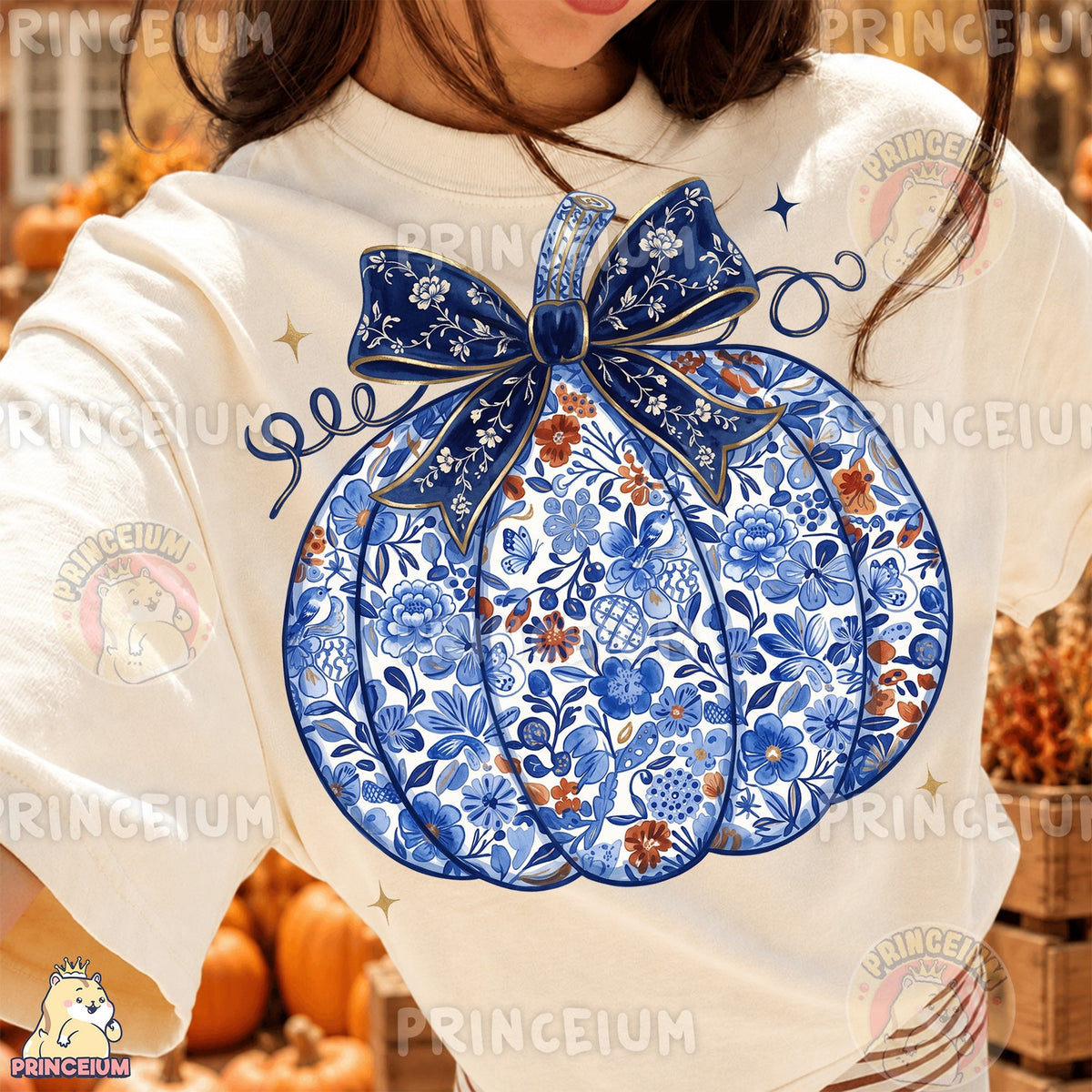 Blue Floral Pumpkin with Bow