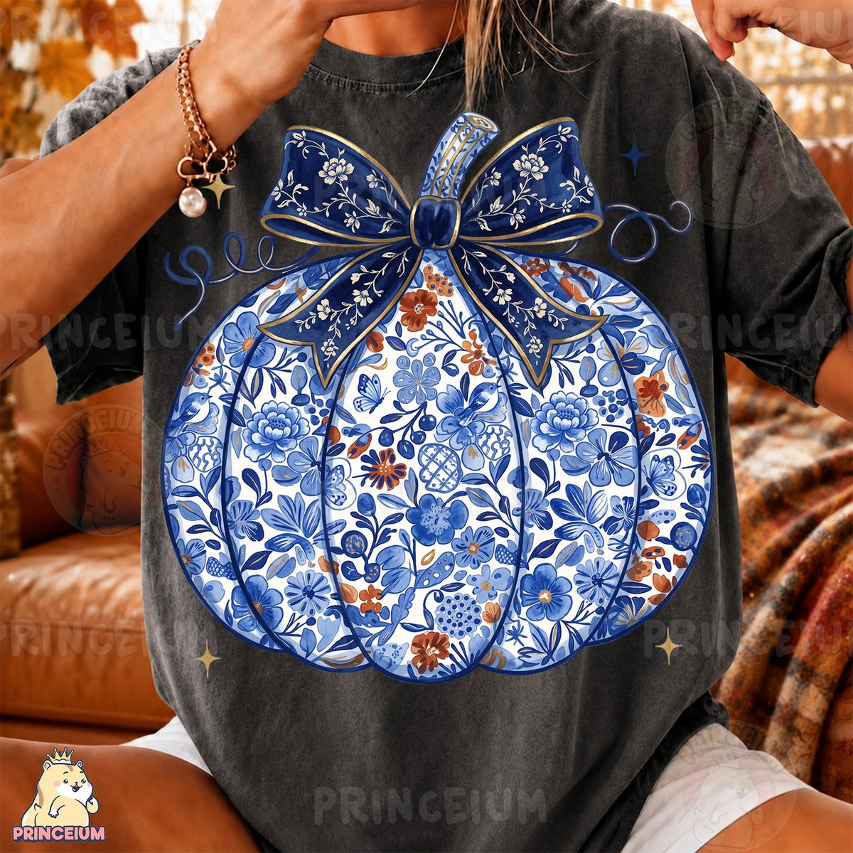 Blue Floral Pumpkin with Bow