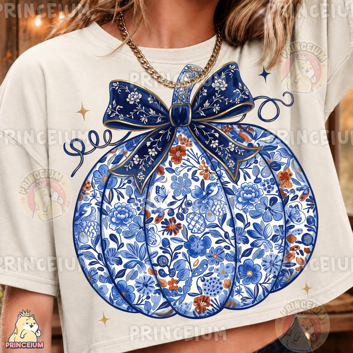 Blue Floral Pumpkin with Bow