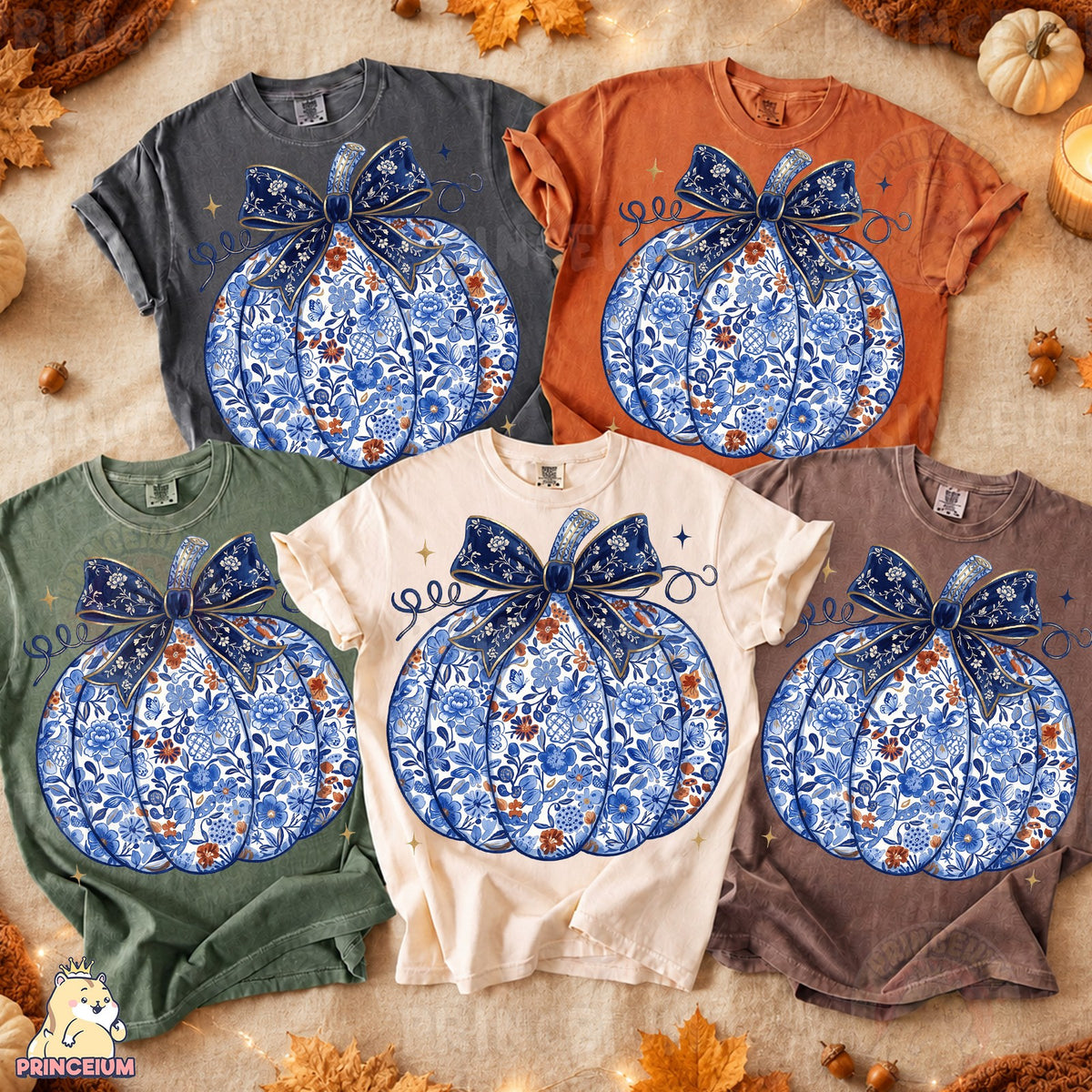 Blue Floral Pumpkin with Bow