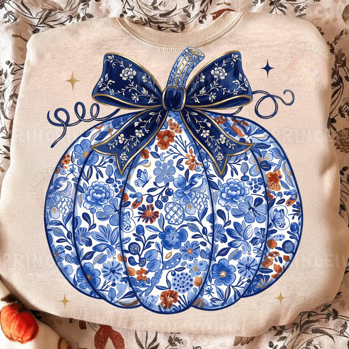 Blue Floral Pumpkin with Bow