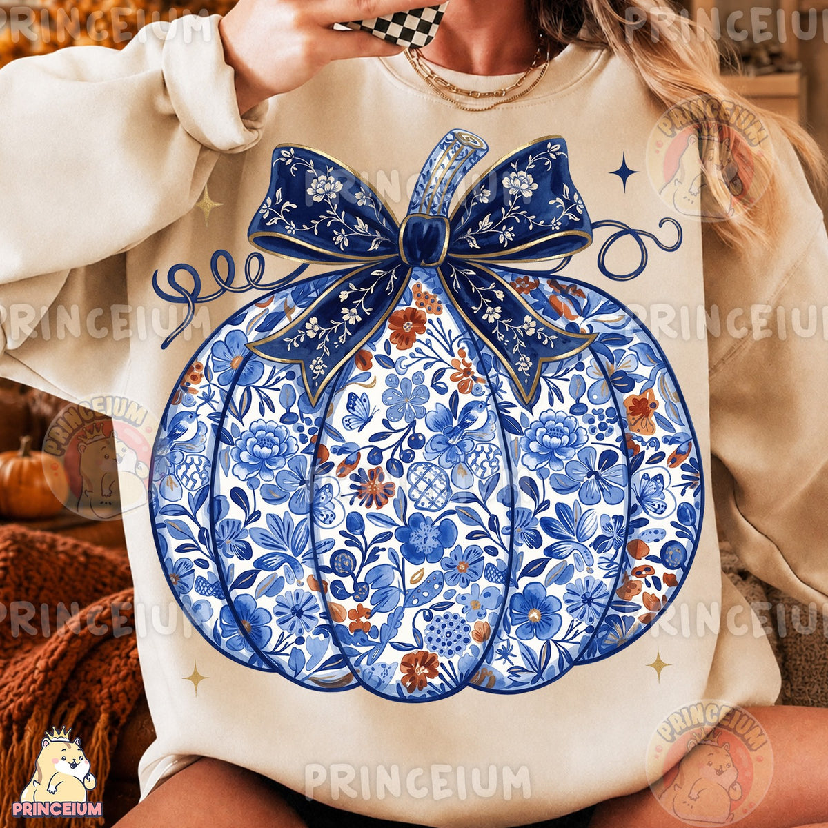 Blue Floral Pumpkin with Bow