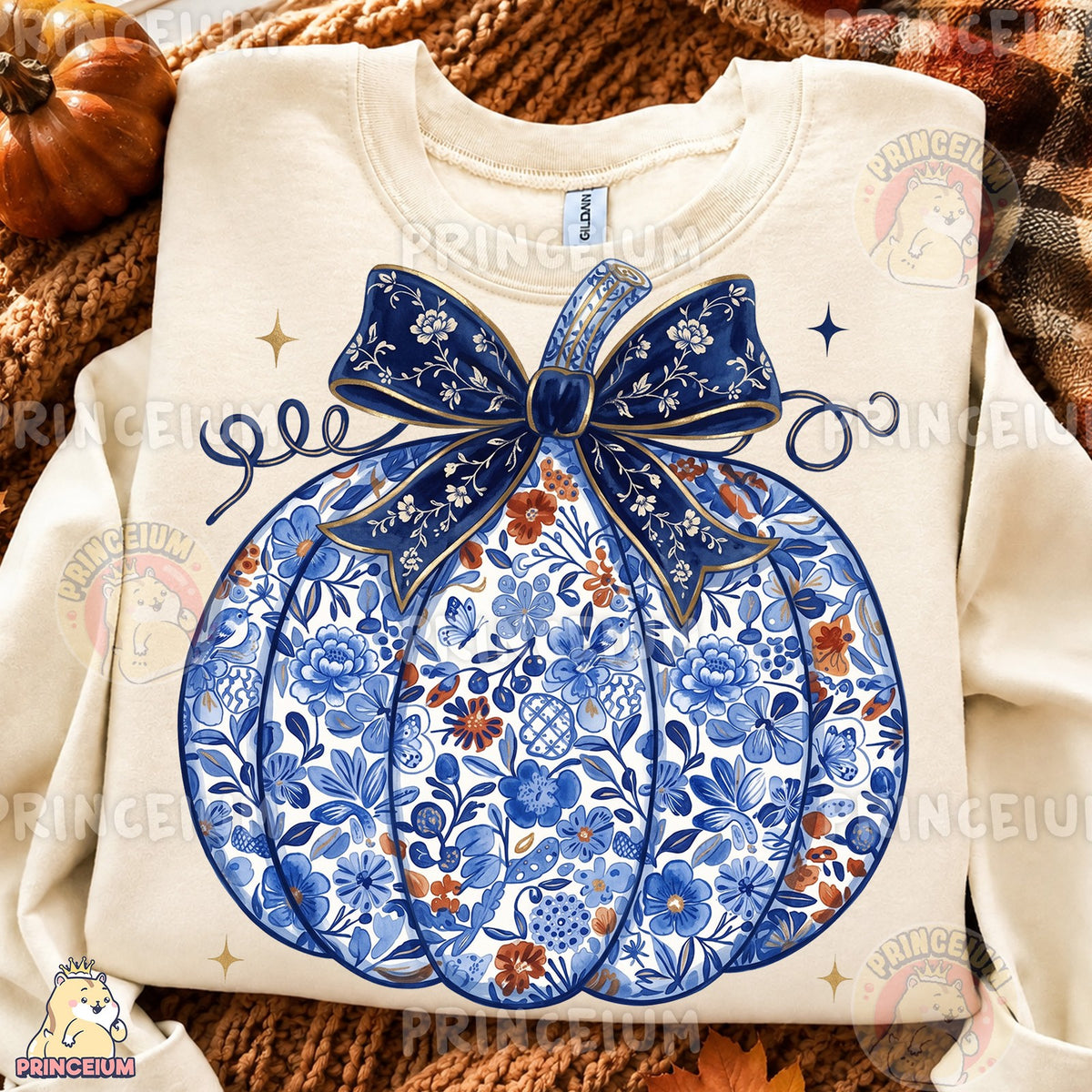 Blue Floral Pumpkin with Bow
