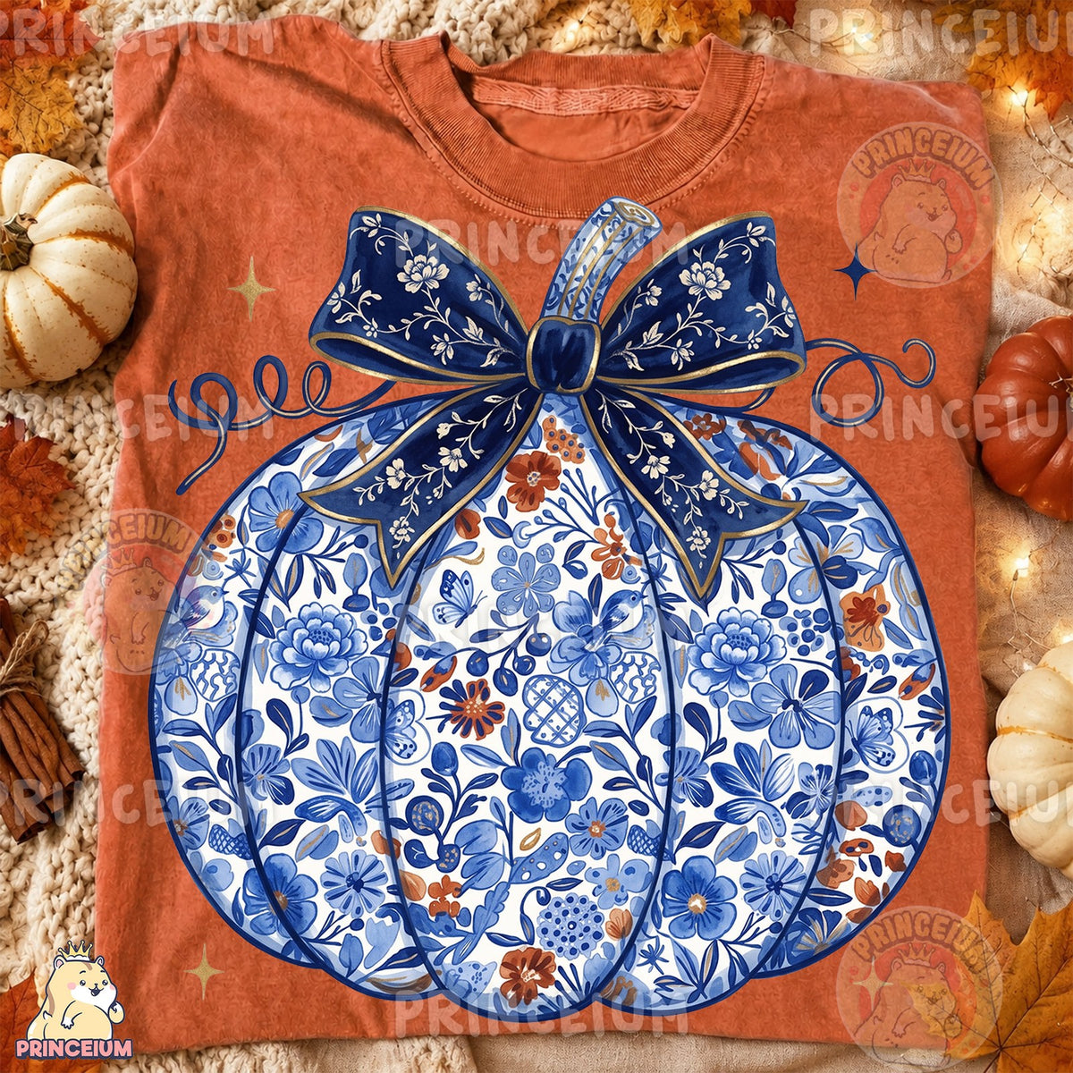 Blue Floral Pumpkin with Bow