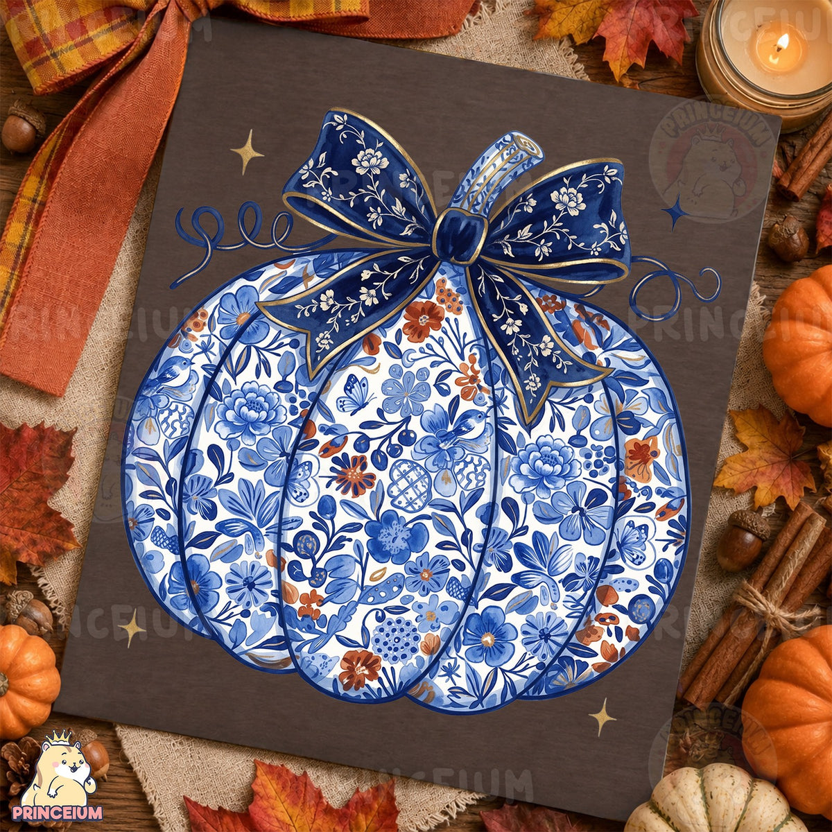 Blue Floral Pumpkin with Bow