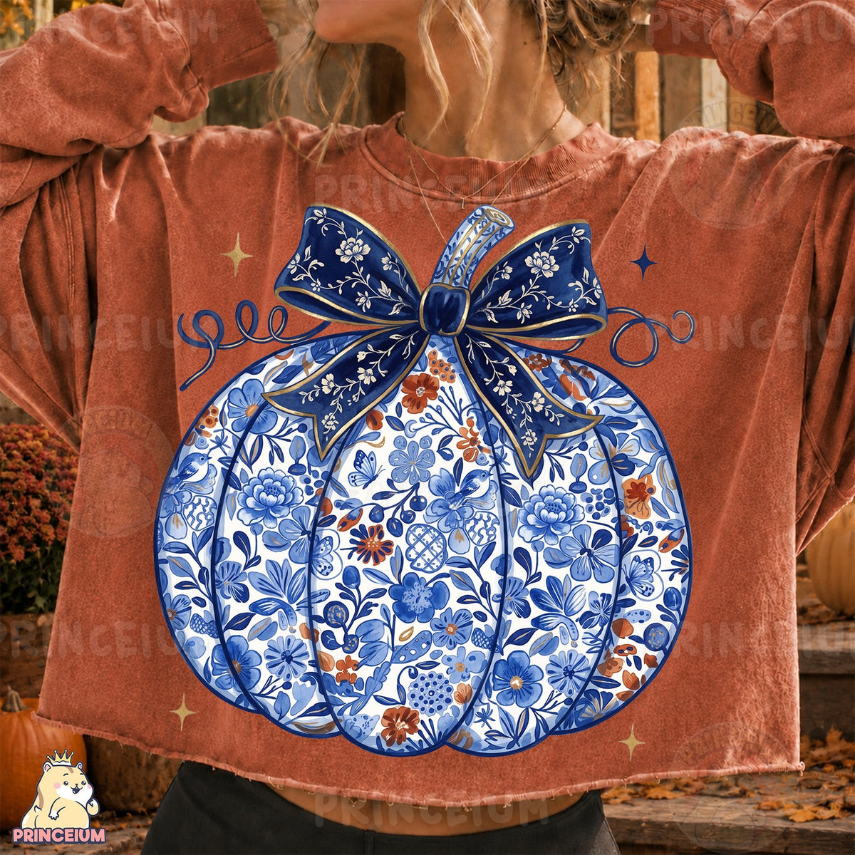 Blue Floral Pumpkin with Bow