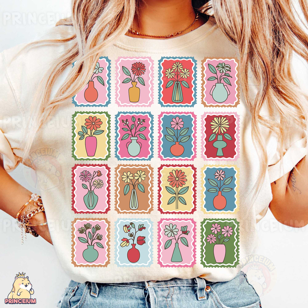 a woman wearing a t - shirt with a bunch of flowers on it