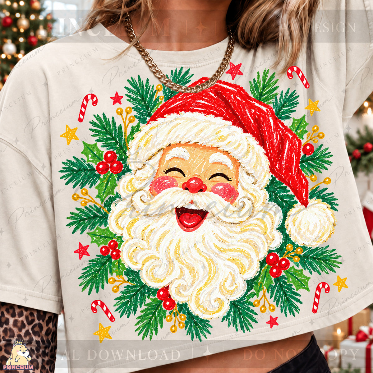 Jolly Santa Christmas PNG – Holly & Candy Cane Holiday Design | Digital Download