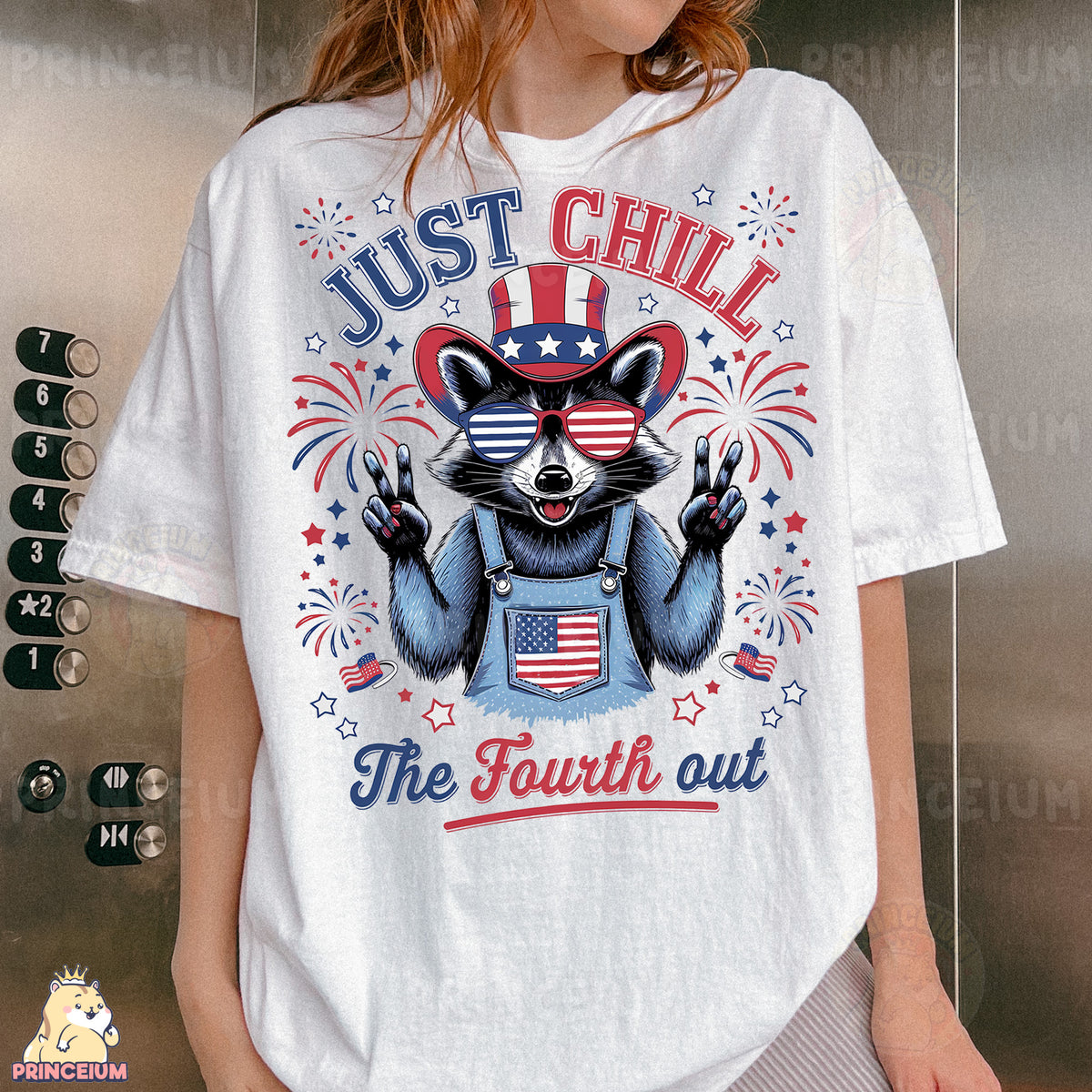 a woman wearing a t - shirt with a raccoon on it