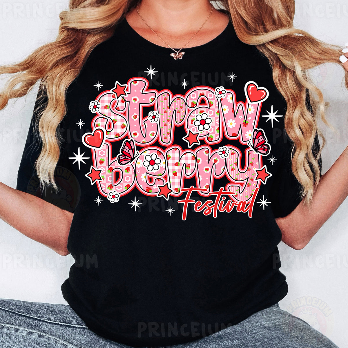 a woman wearing a black t - shirt with the words stay happy on it