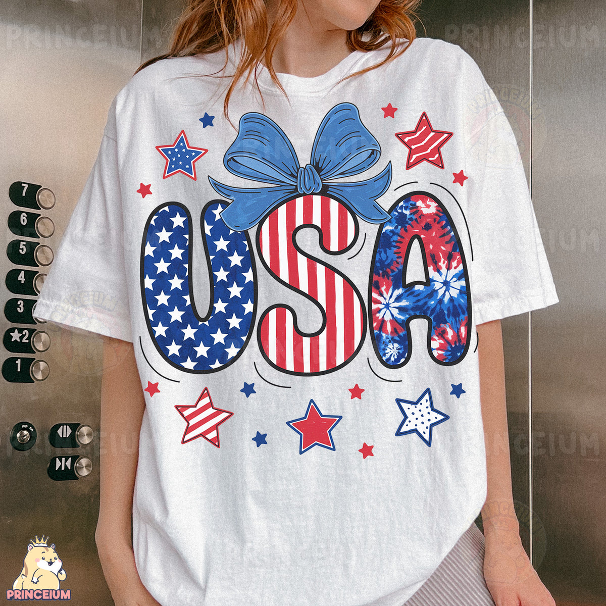 a woman wearing a usa t - shirt with a bow