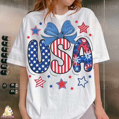 a woman wearing a usa t - shirt with a bow