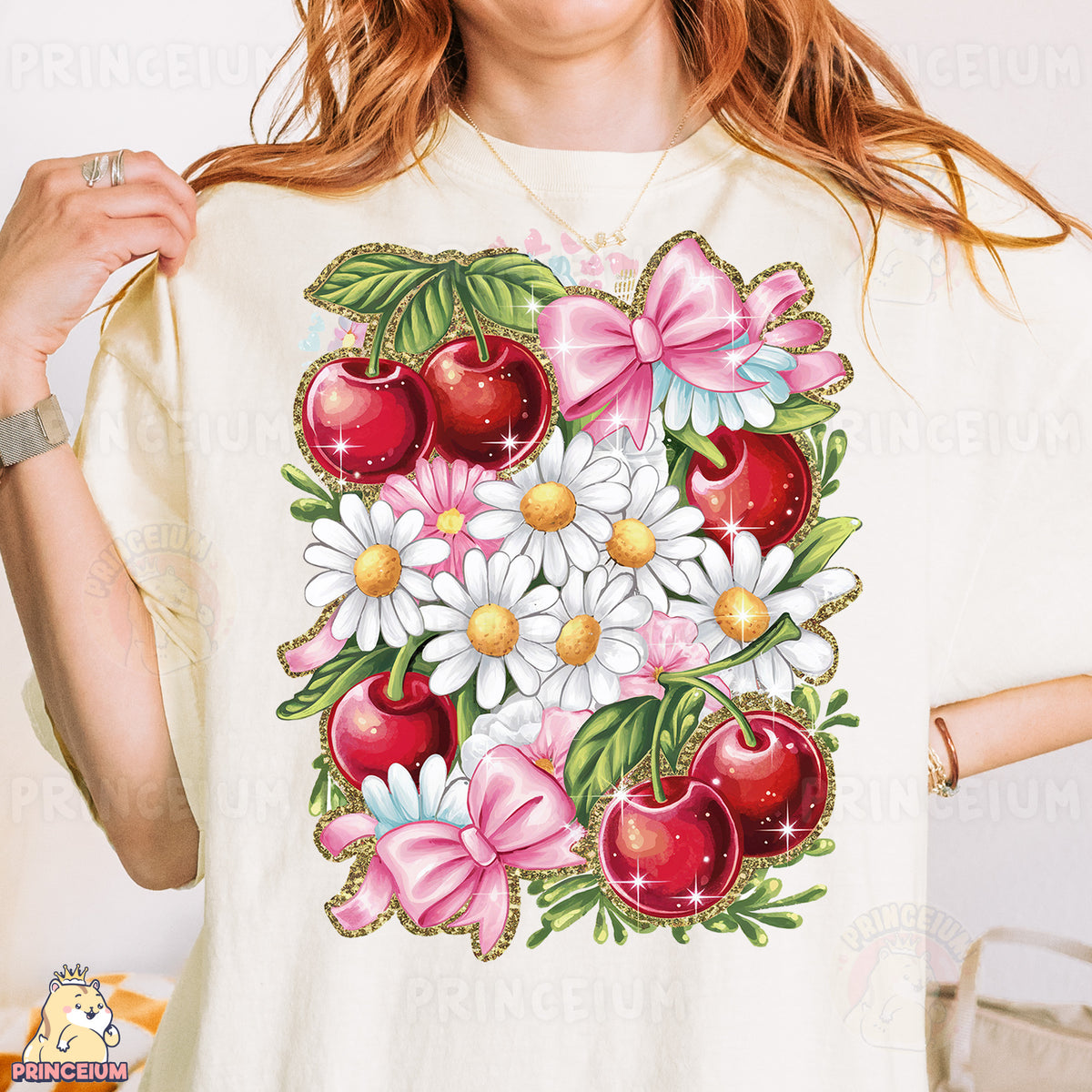 a woman wearing a t - shirt with flowers and apples on it