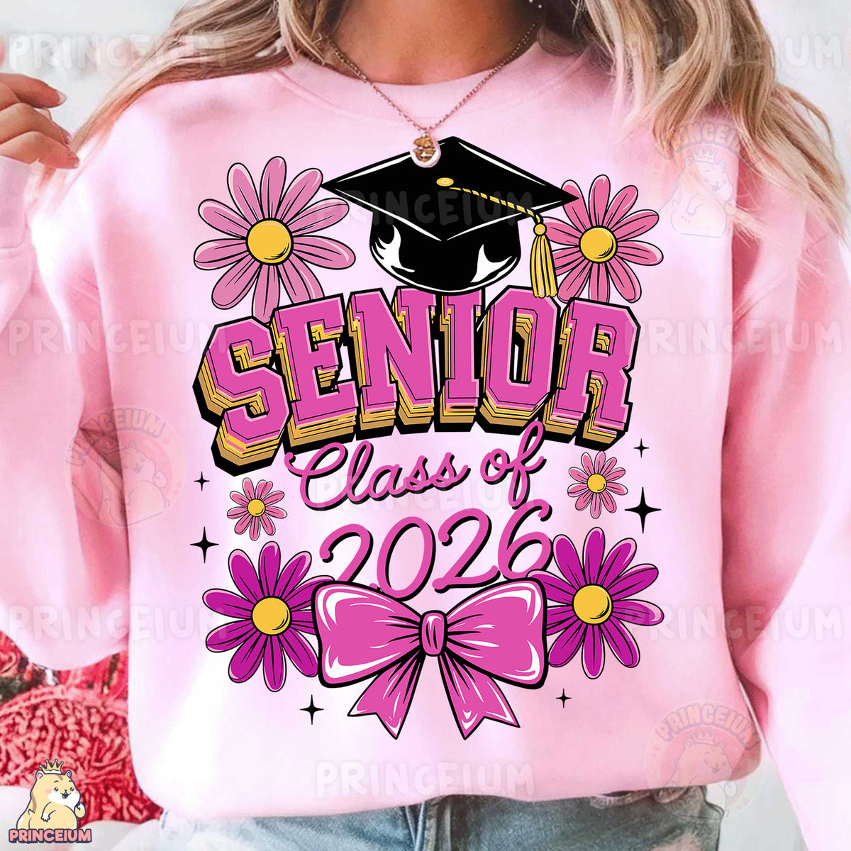 a woman wearing a pink sweatshirt with a pink bow tie