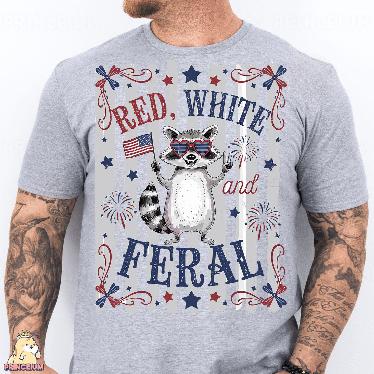 a man wearing a t - shirt with a raccoon on it