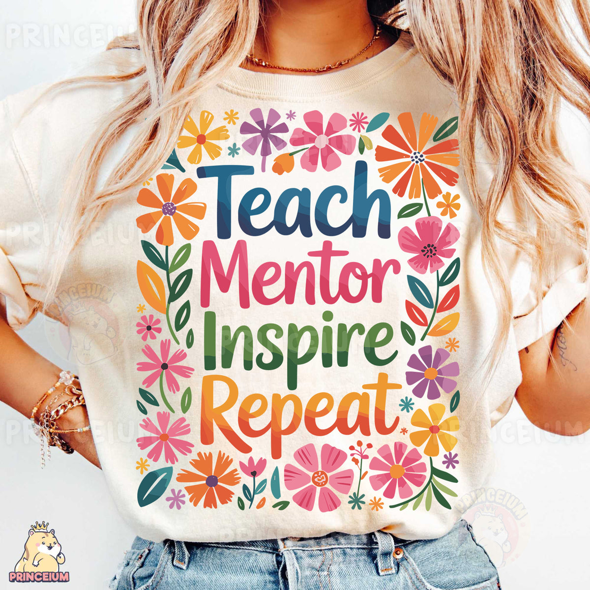 a woman wearing a t - shirt that says teach mentor inspire repeat