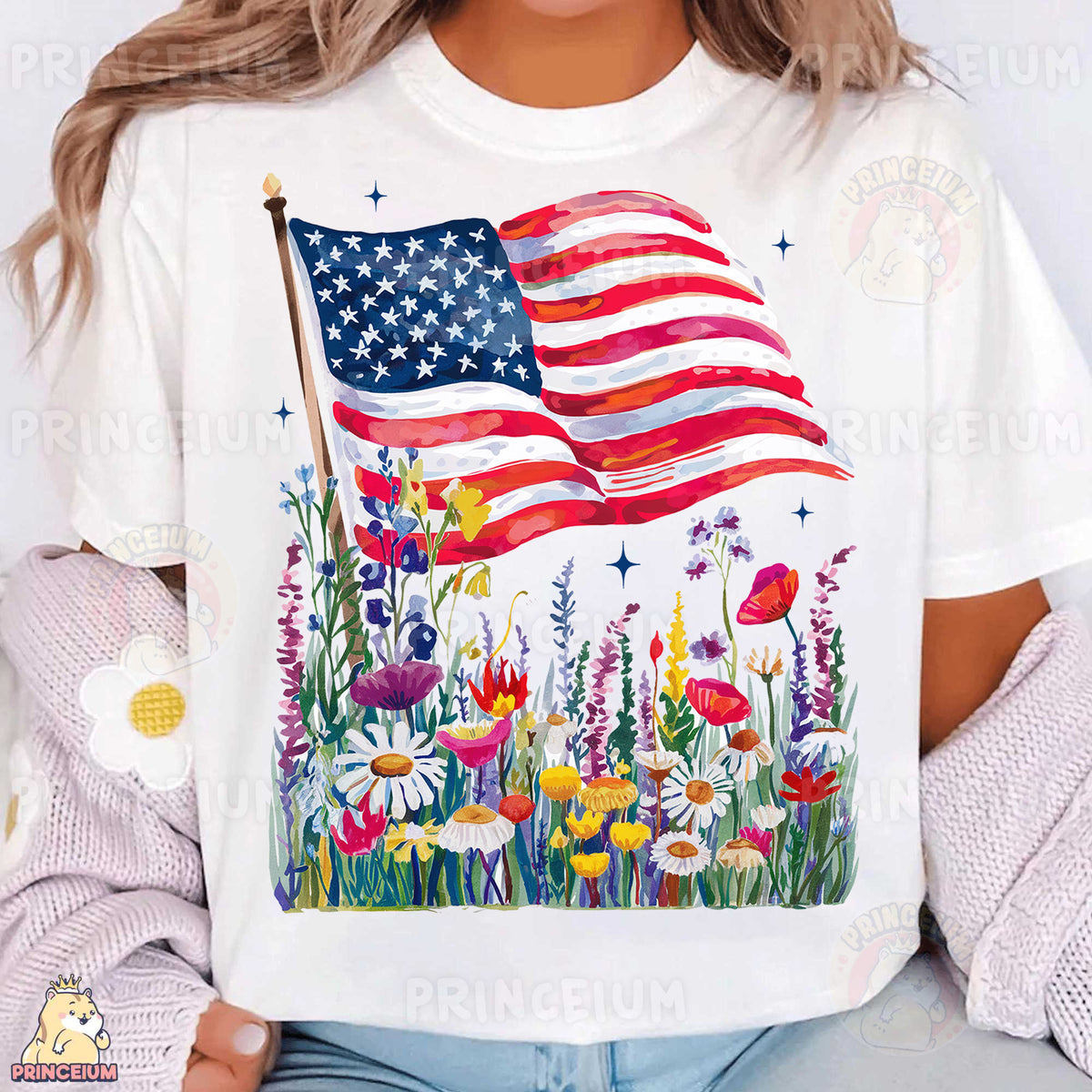 a woman wearing a t - shirt with an american flag on it