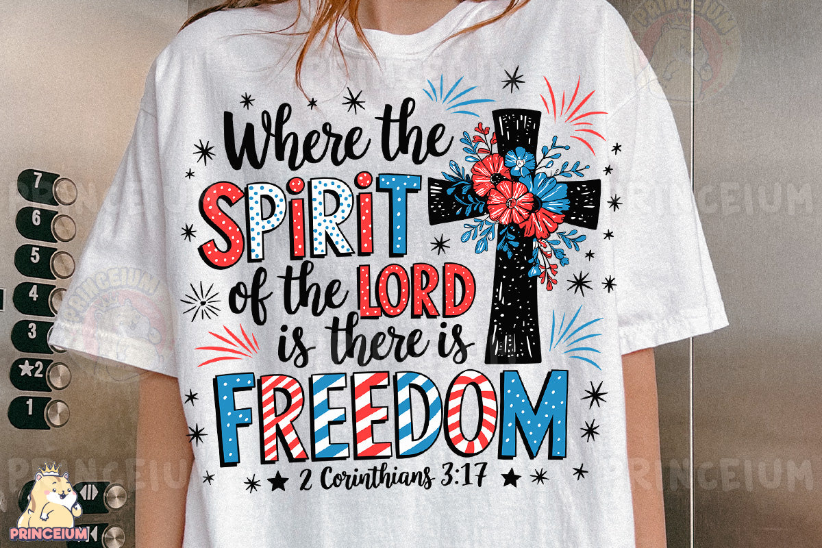 a woman wearing a t - shirt that says, where the spirit of the lord