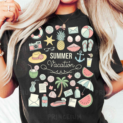 a woman wearing a black summer vacation t - shirt