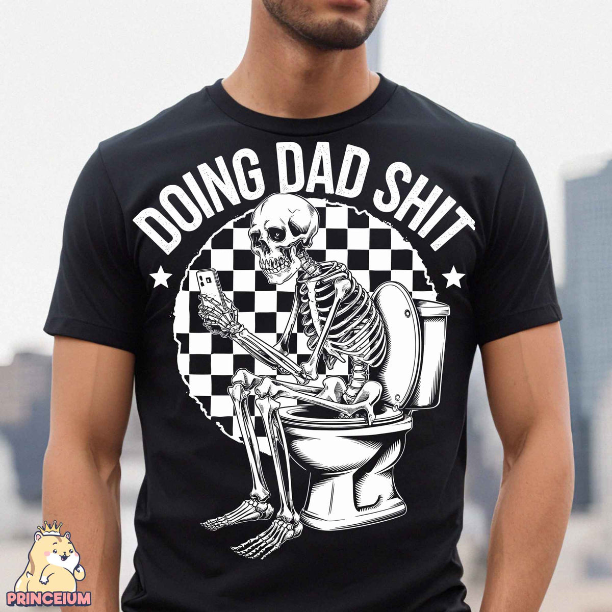 a man wearing a black shirt with a skeleton sitting on a toilet