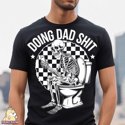 a man wearing a black shirt with a skeleton sitting on a toilet
