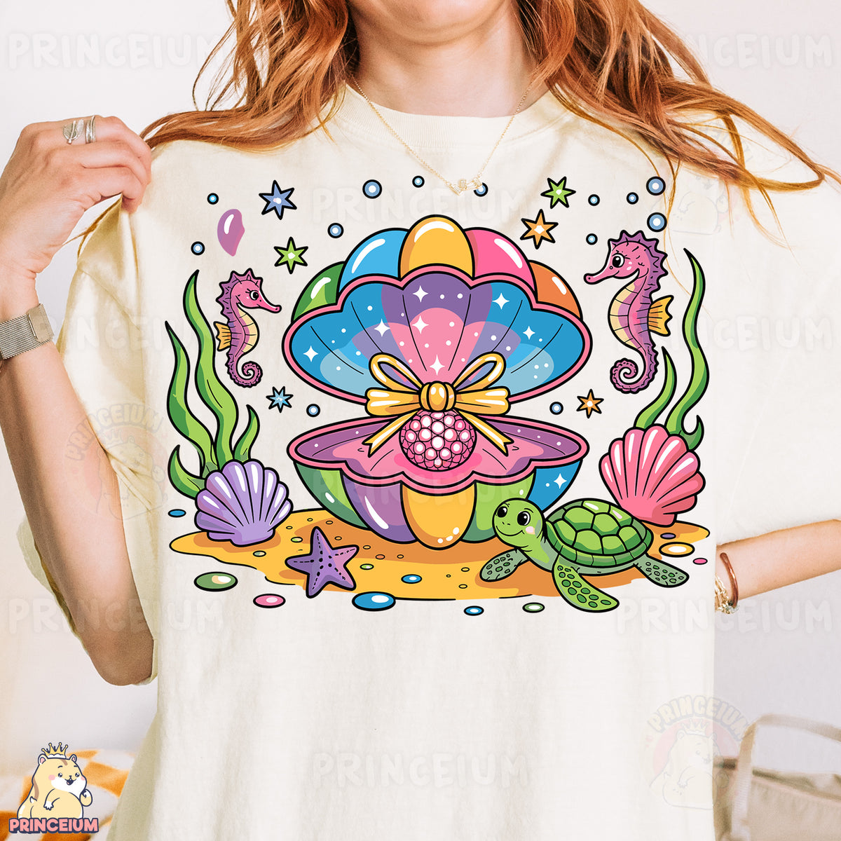 a woman wearing a t - shirt with an image of a flower and sea animals