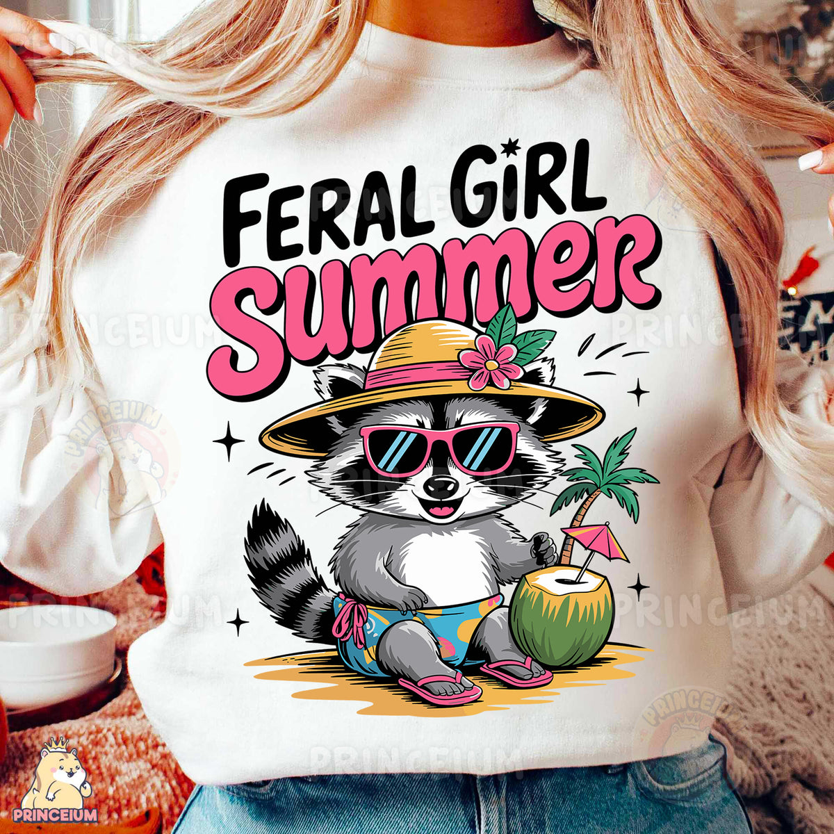 a woman wearing a white shirt with a raccoon wearing a hat and sunglasses