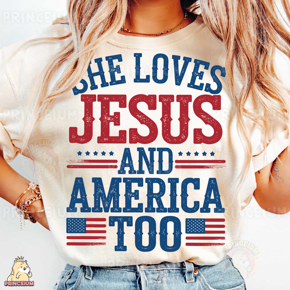 a woman wearing a t - shirt that says she loves jesus and america too