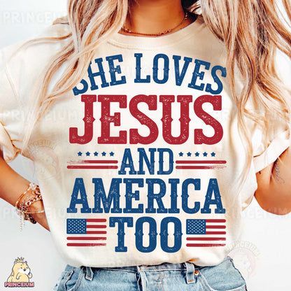 a woman wearing a t - shirt that says she loves jesus and america too