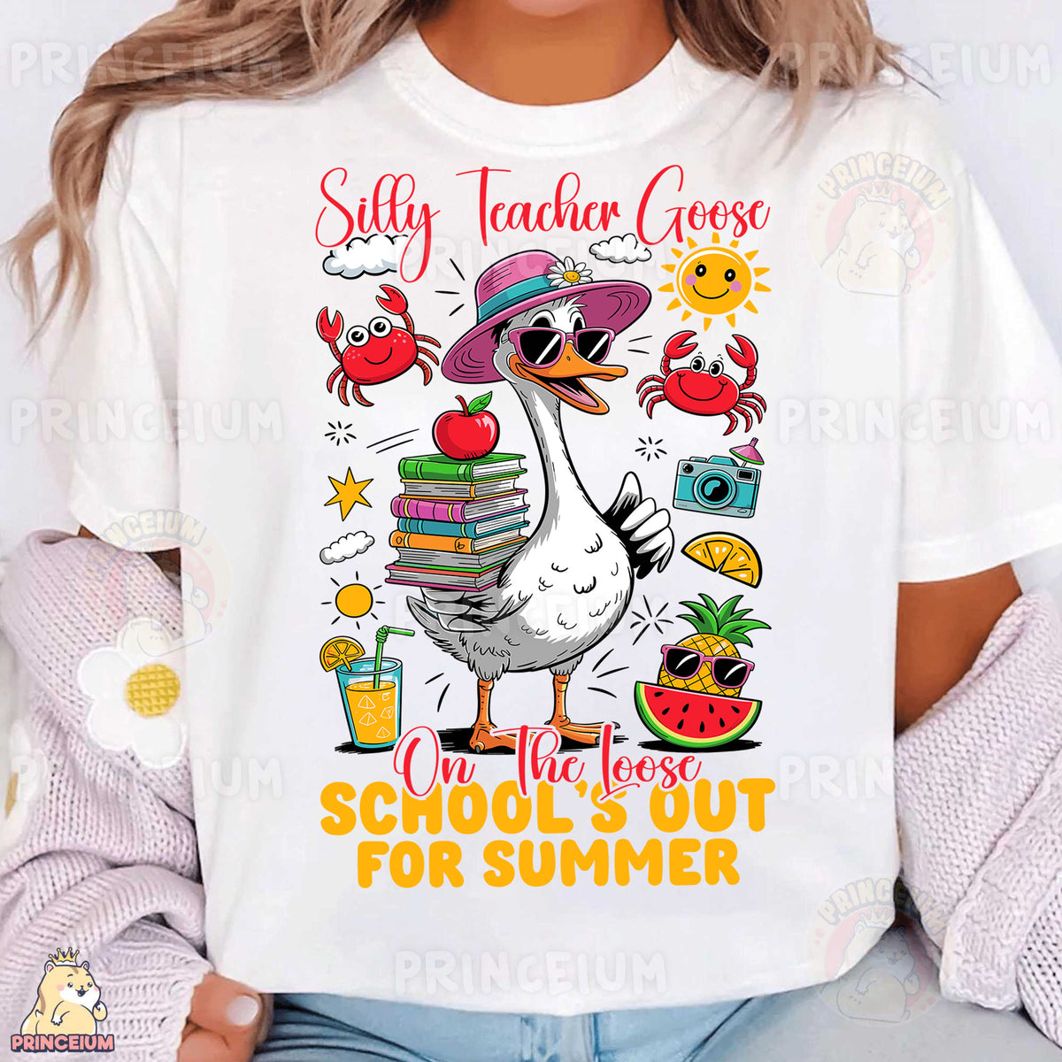 a woman wearing a t - shirt with a picture of a goose wearing a hat