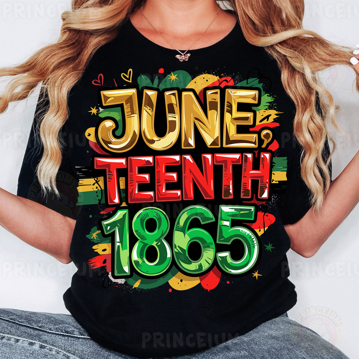 a woman wearing a black juneteeth shirt