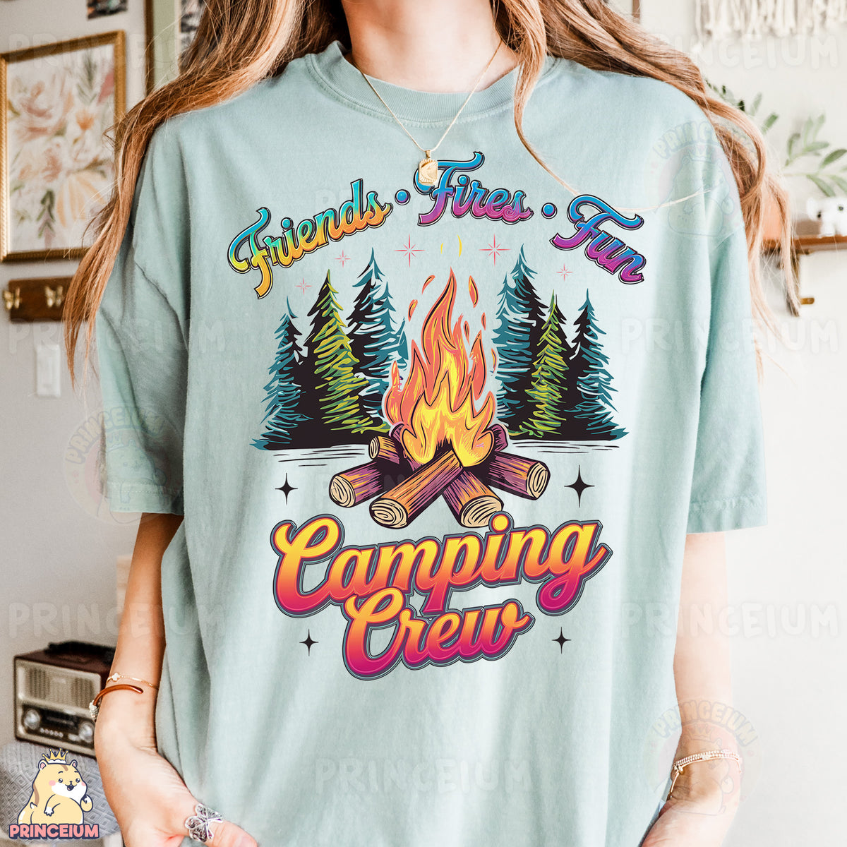 a woman wearing a t - shirt that says camping crew