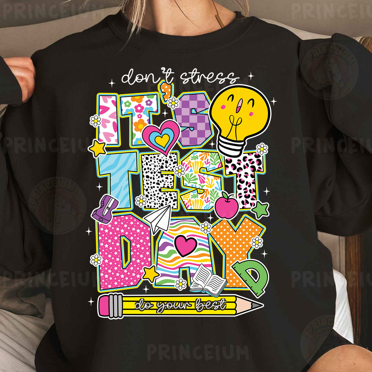 a woman wearing a black shirt that says don't stress it dad