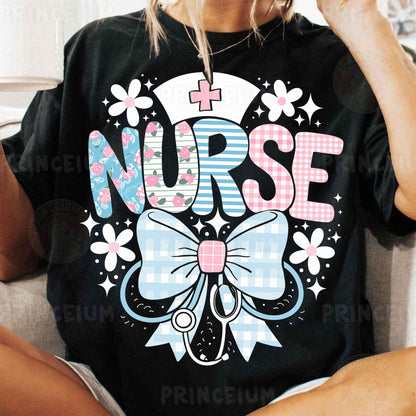 a woman sitting on a couch wearing a nurse shirt