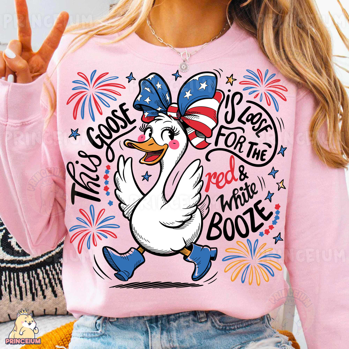 a woman wearing a pink shirt with a goose on it
