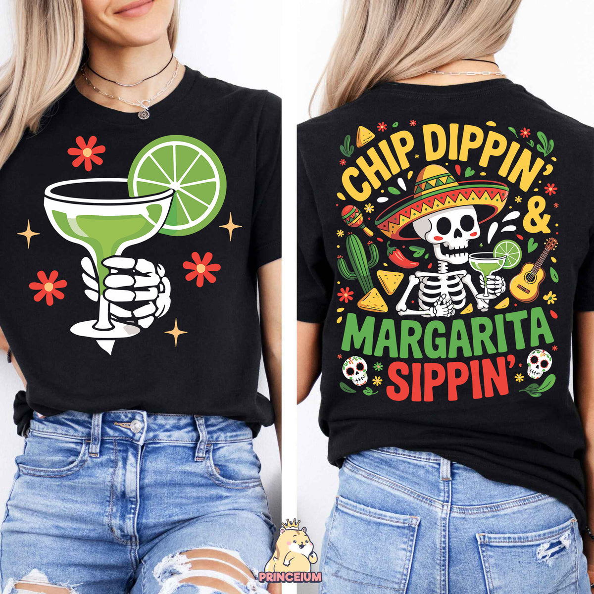 a woman wearing a black shirt with a mexican design on it