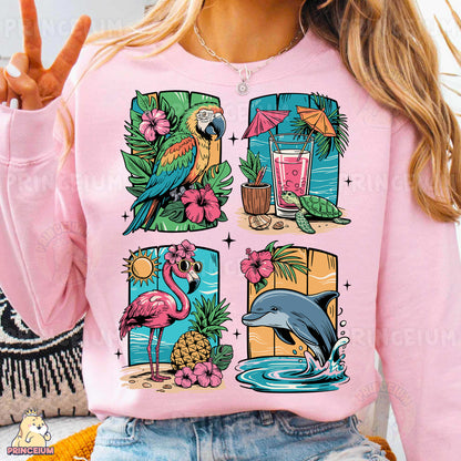 a woman wearing a pink shirt with a picture of a bird and a flamingo