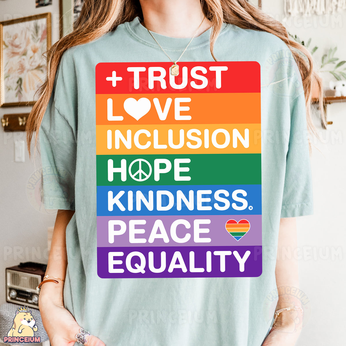 a woman wearing a t - shirt that says trust love, love, inclus
