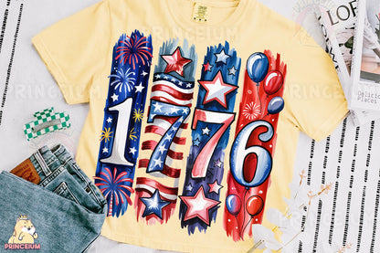 a yellow shirt with fireworks and stars on it
