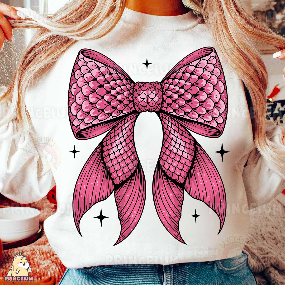 a woman wearing a white shirt with a pink bow on it